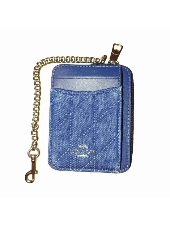 Coach Denim Blue Quilted Smooth Leather Zip Closure Wallet Chain Card Slots Silv - Picture 9 of 13